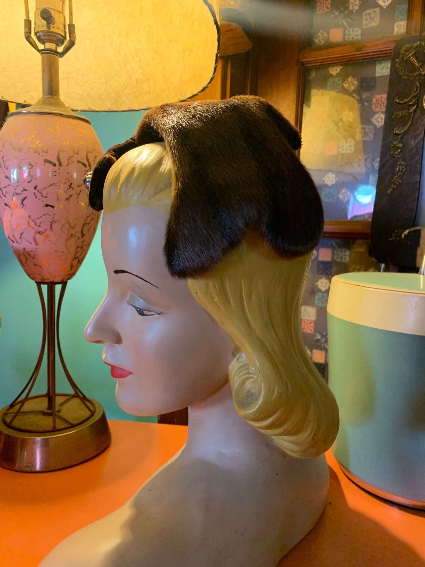 Glossy Fur Wired Cocktail Hat with Velvet and Rhinestones circa 1950s