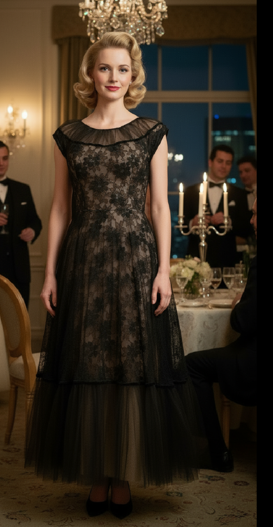 Lingerie Inspired Black and Pink Chiffon Lace Party Dress by Emma Domb circa 1950s