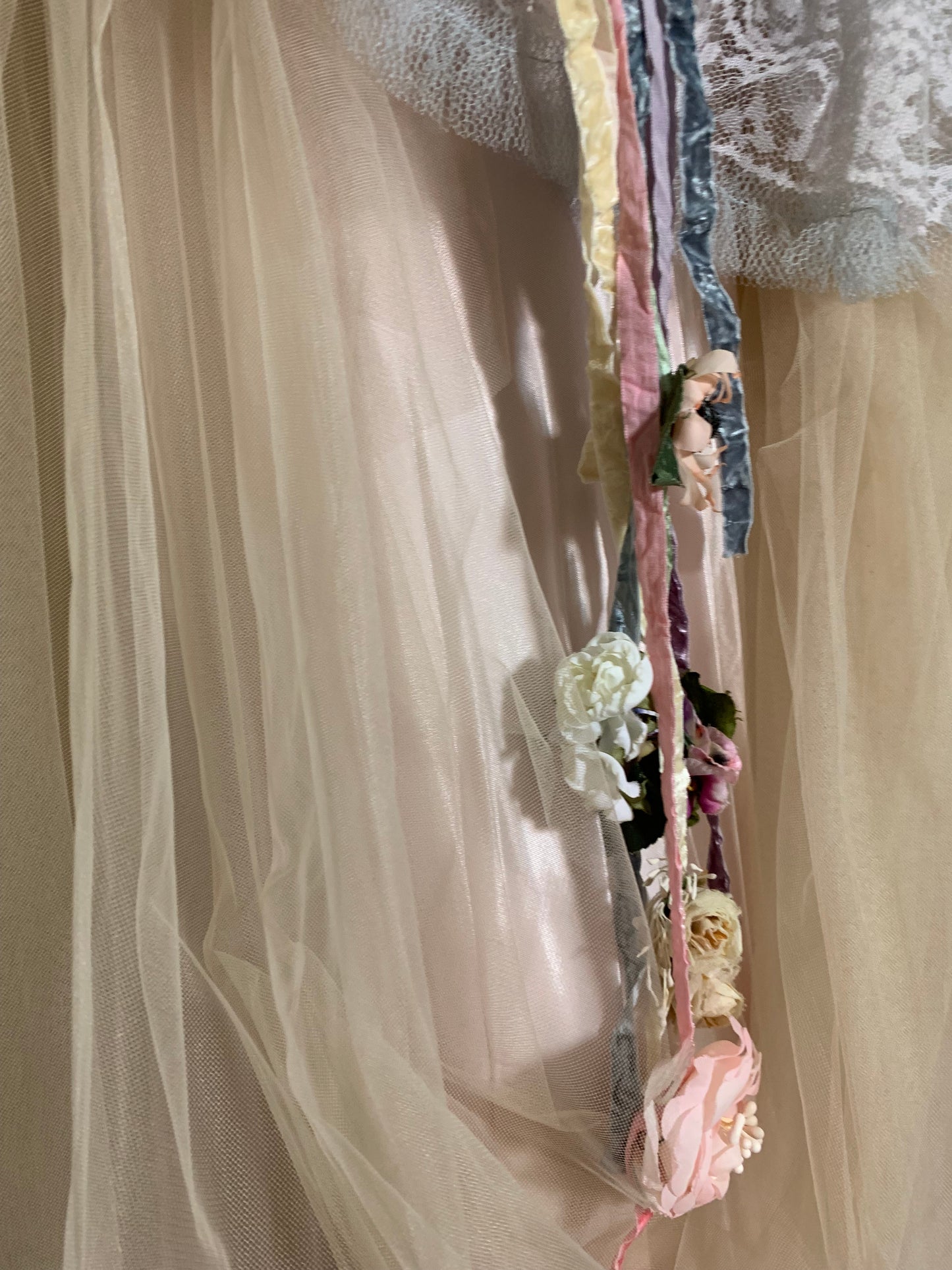 Nimue- the Reimagined Baby Blue and Pink Tulle Dress Flowers on Ribbons