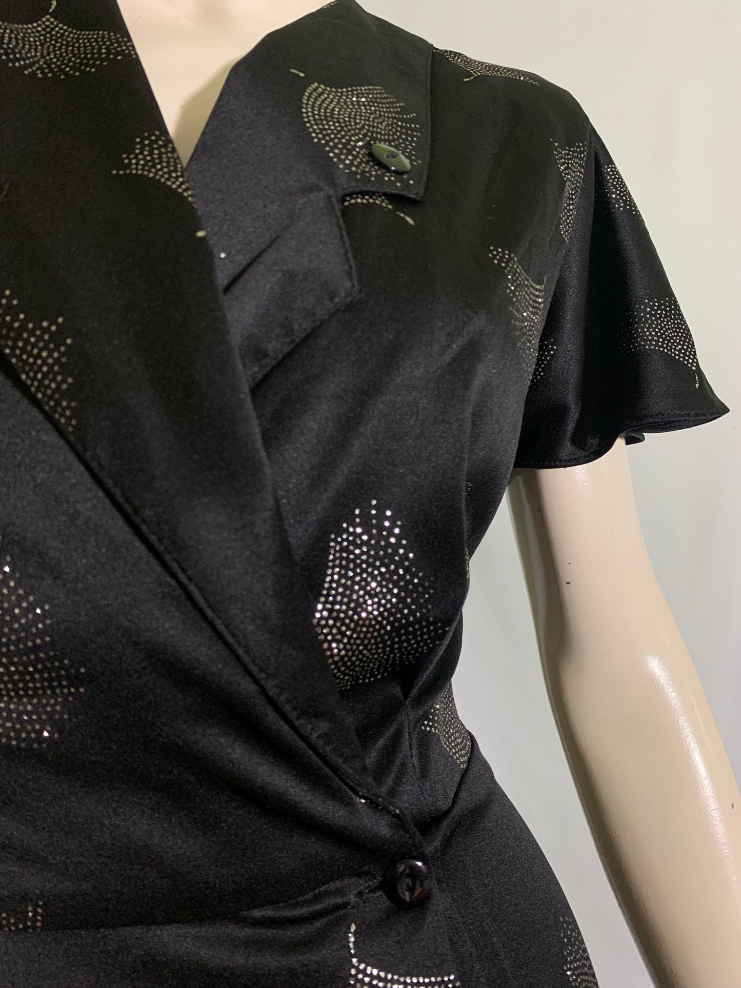 Black Nylon Slinky Disco Dress with Silver Art Deco Design circa 1980s