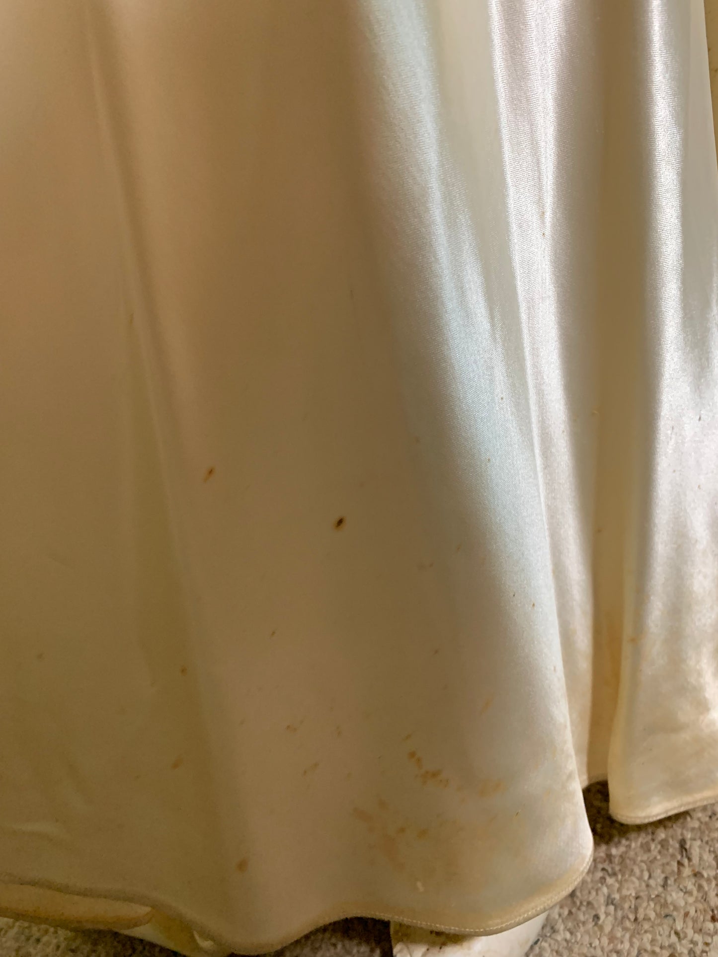 Winter White Slipped Satin Wedding Dress with Beaded Neckline and Hip Accents circa 1940s