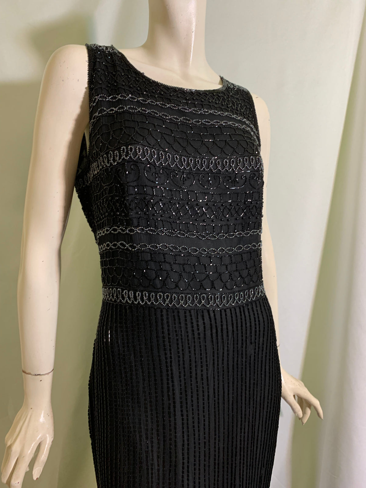 Black Silk Beaded Column Style Evening Gown circa 1990s