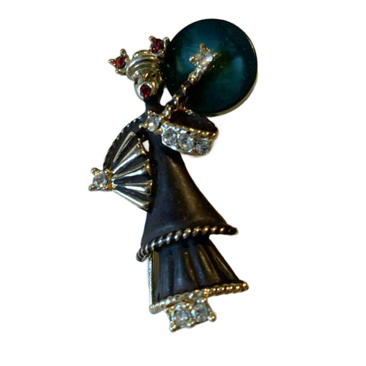 Japanese Geisha Girl Brooch Black Gold and Red circa 1950s