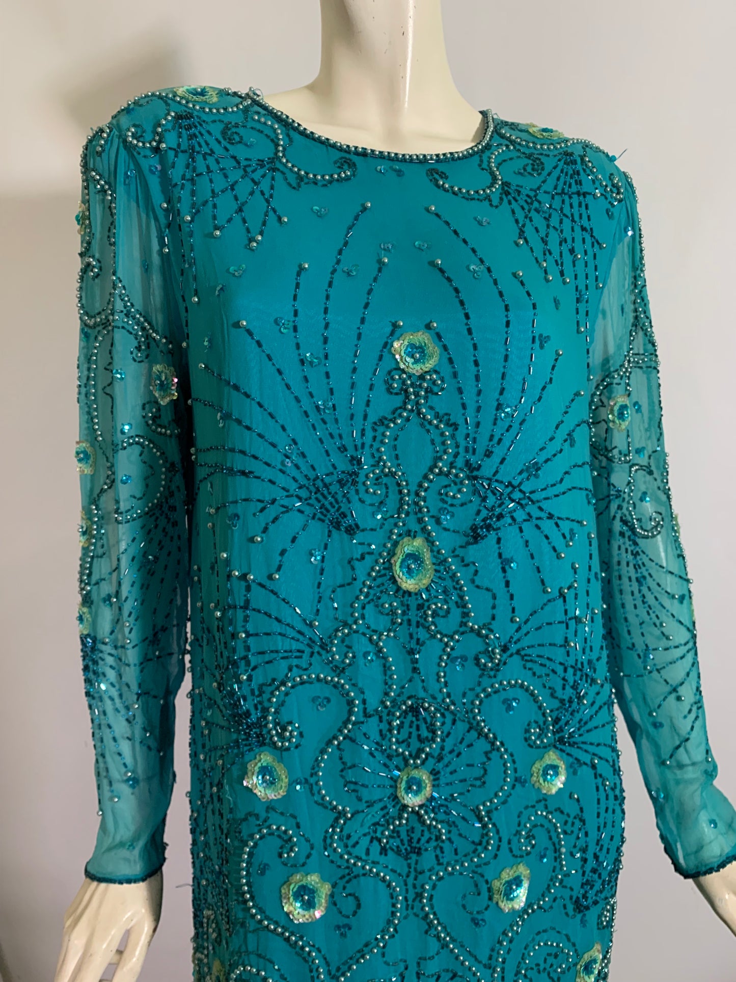 Turquoise Silk 1920s Inspired Sequined and Beaded Dress circa 1980s