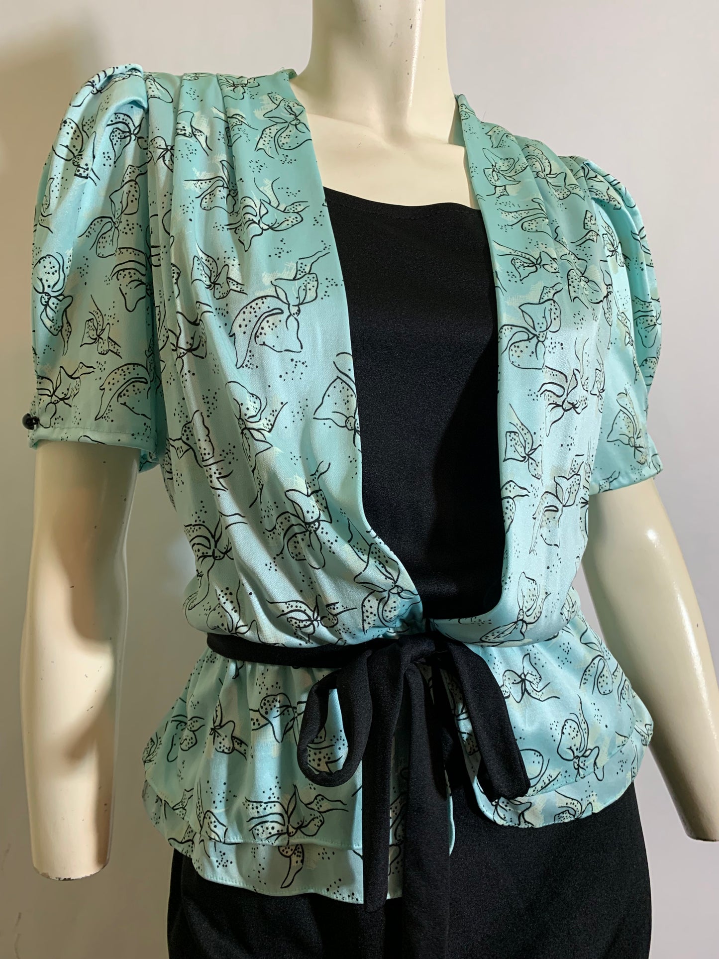 Baby Blue and Black Bow Novelty Print Dress with Peplum circa 1980s