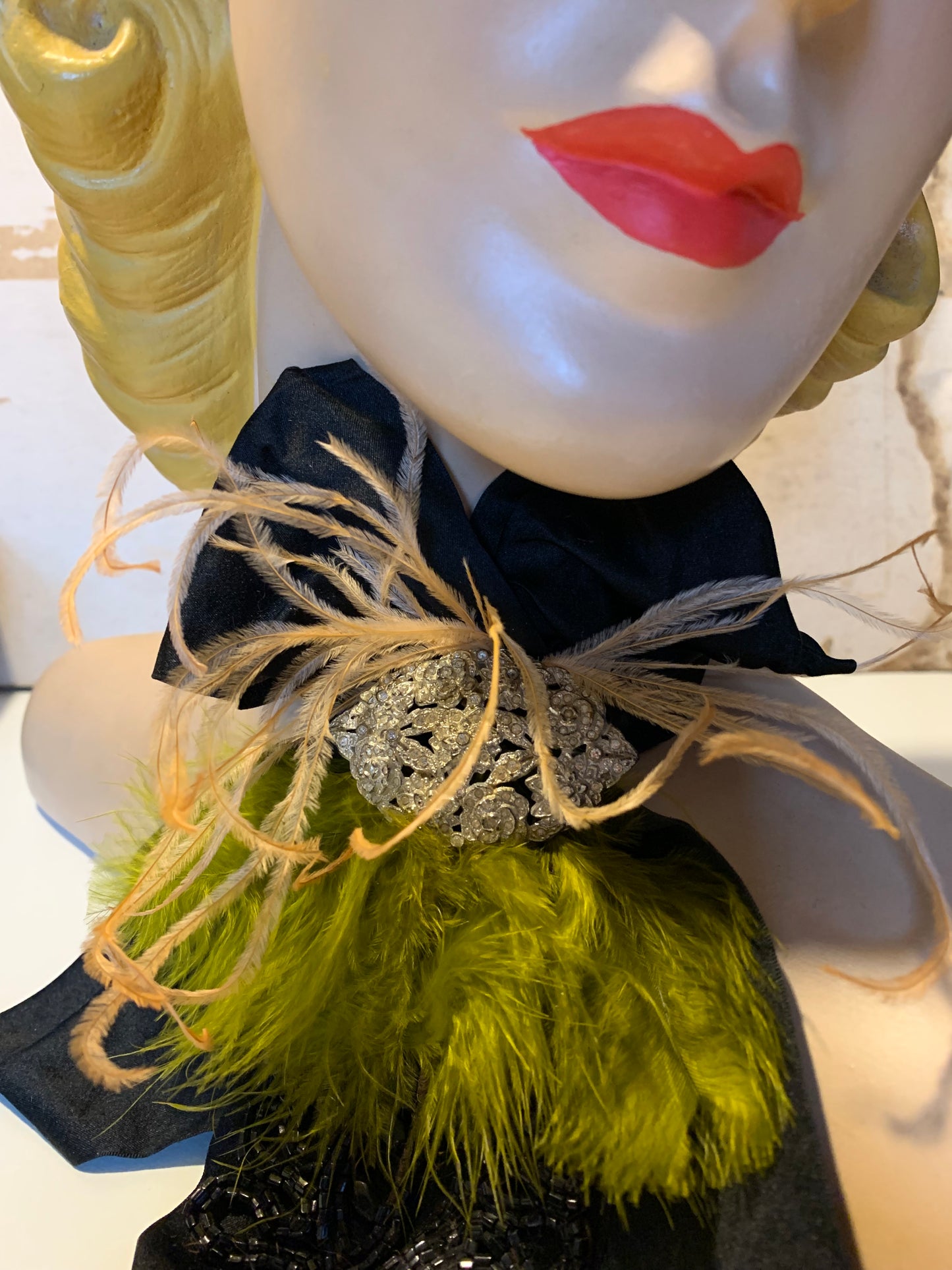 La Fée Verte Victorian Silk Neckpiece with Jet Beading Rhinestones and Feathers