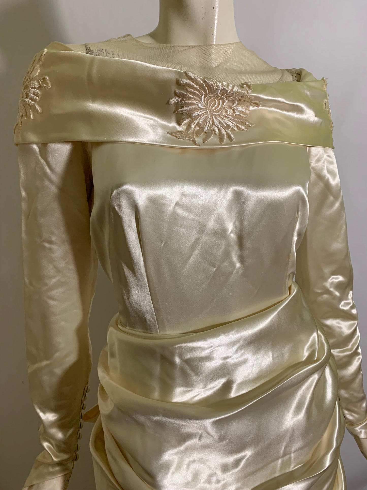 Soft White Slipper Satin Hip Draped Wedding Dress circa 1940s