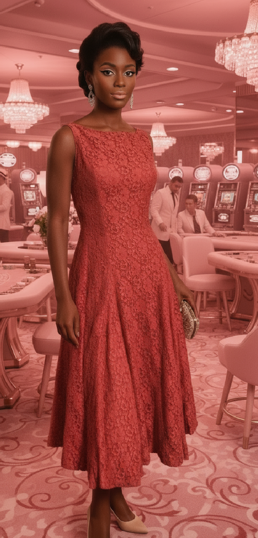 PInk-Red All Lace Princess Seamed Dress circa 1960s