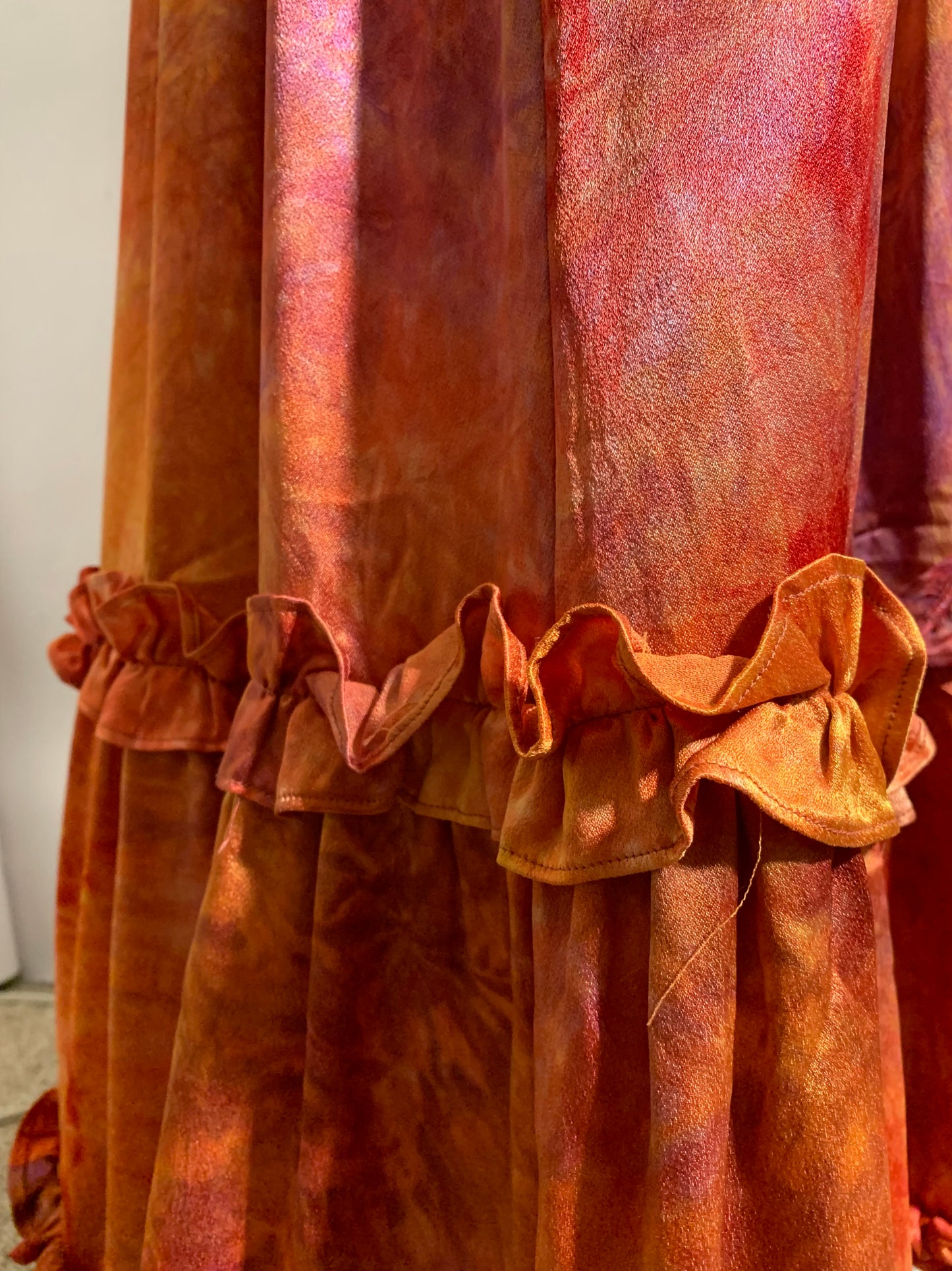 Fiery Tie Dye Peasant Style Silk Charmeuse 3 Piece Maxi Dress Set circa 1970s