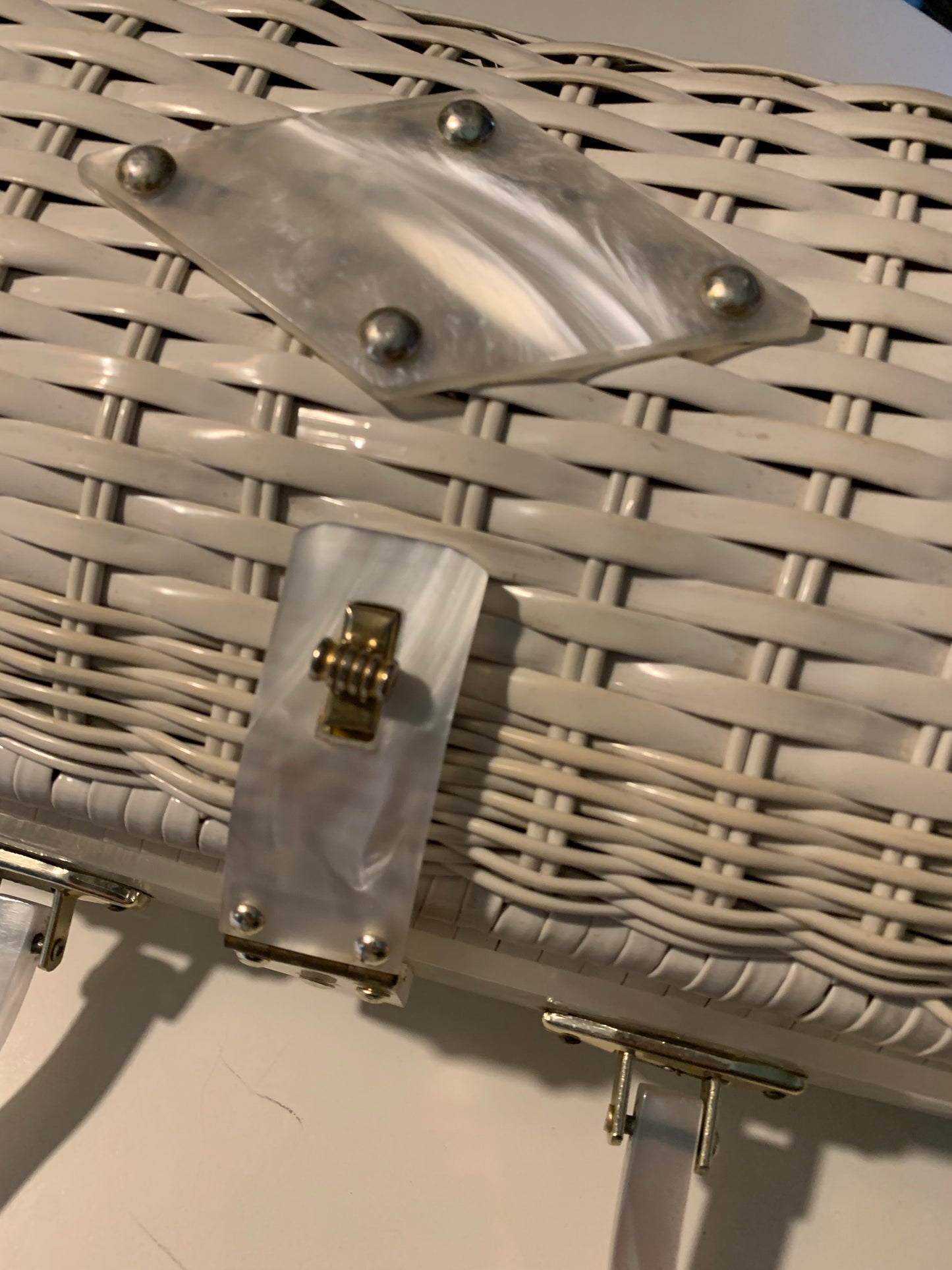 Lucite Trimmed White Wicker Handbag circa 1960s