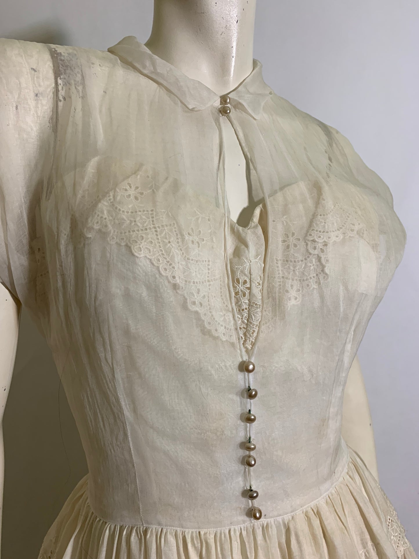 Sheer Off White Party Dress with Faux Pearl Buttons circa 1940s