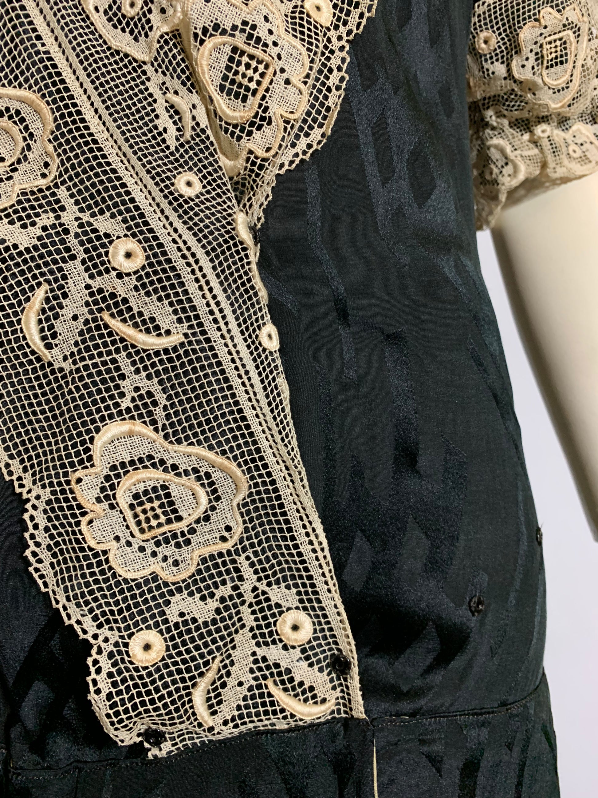 Black Silk Dropped Waist Dress with Wide Lace Trim Circa 1920s Black Silk Dropped Waist Dress with Wide Lace Trim Circa 1920s
