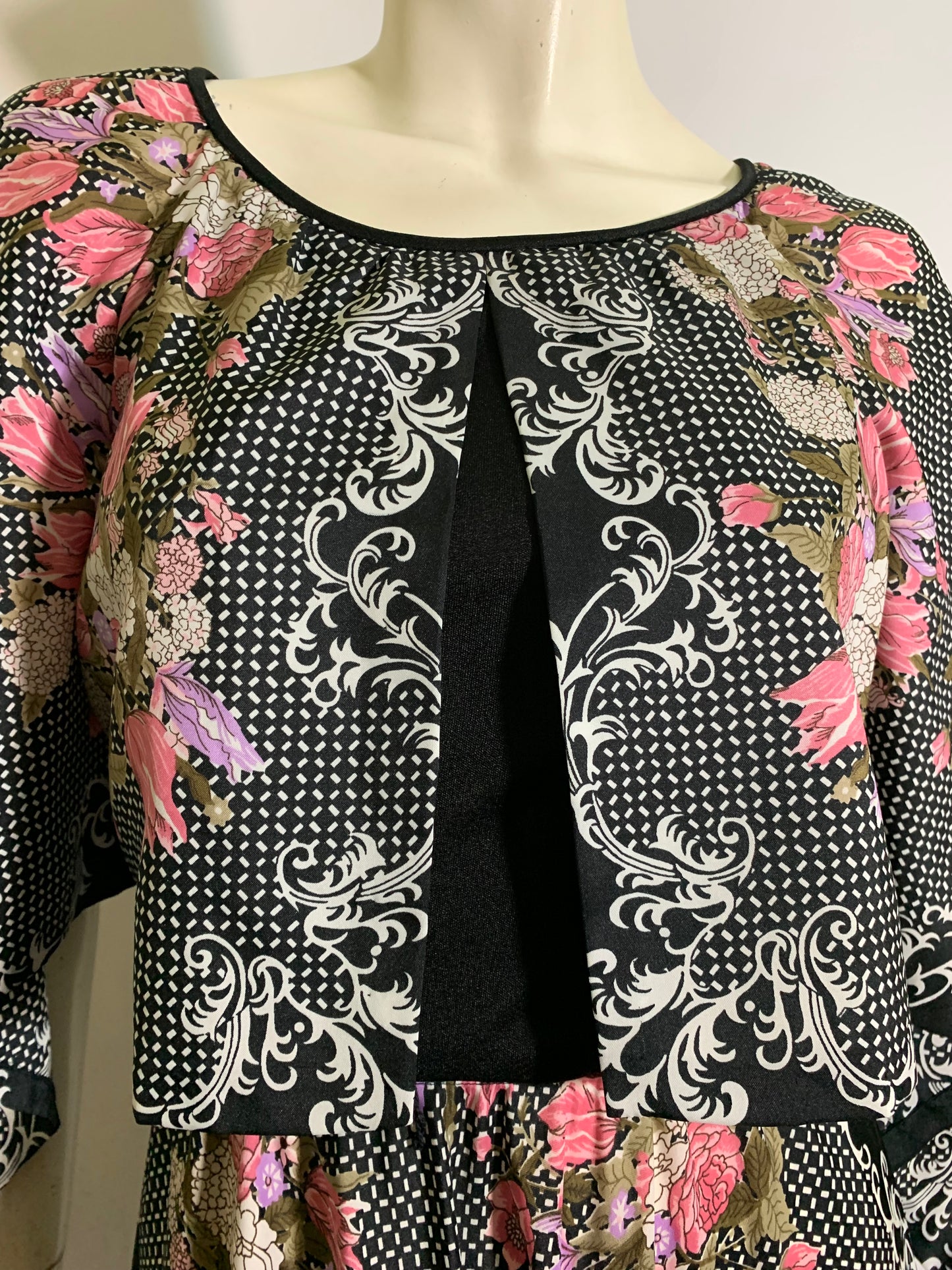 Black and Pink Rose Print Maxi Dress with Peaked Sleeves circa 1970s