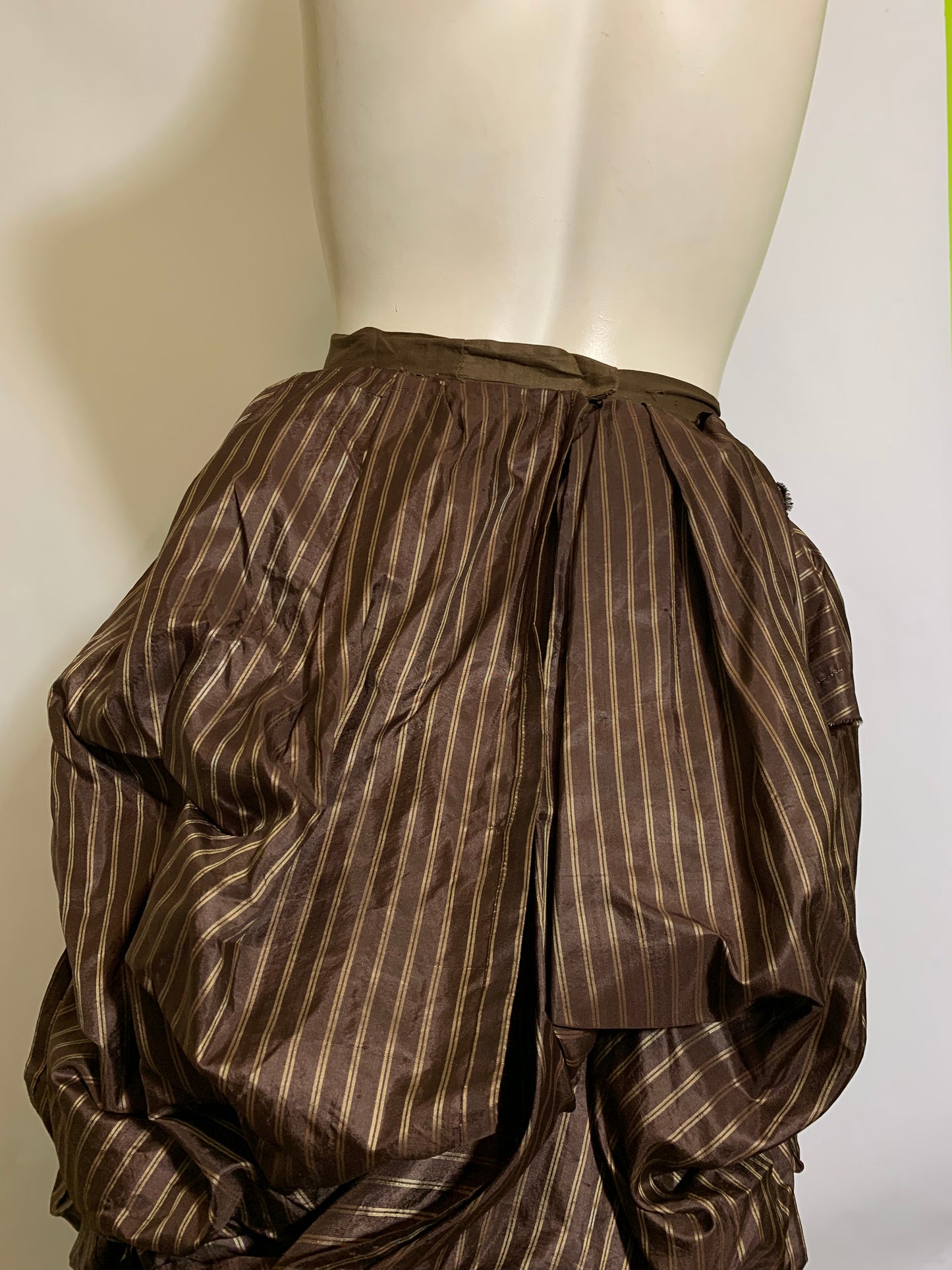 Curry and Cinnamon Pin Striped Silk 2 Piece Ruffled Bustle Back Skirt Dress with Glass Buttons circa 1880s