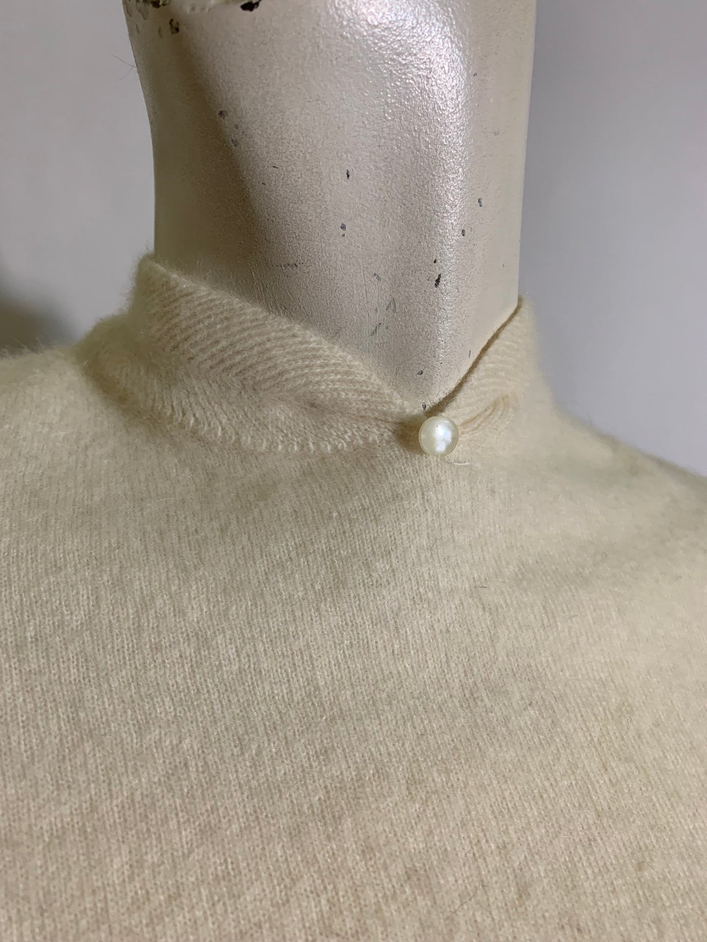 RESERVED Ivory Orlon High Collared Sweater with Button Accent circa 1960s