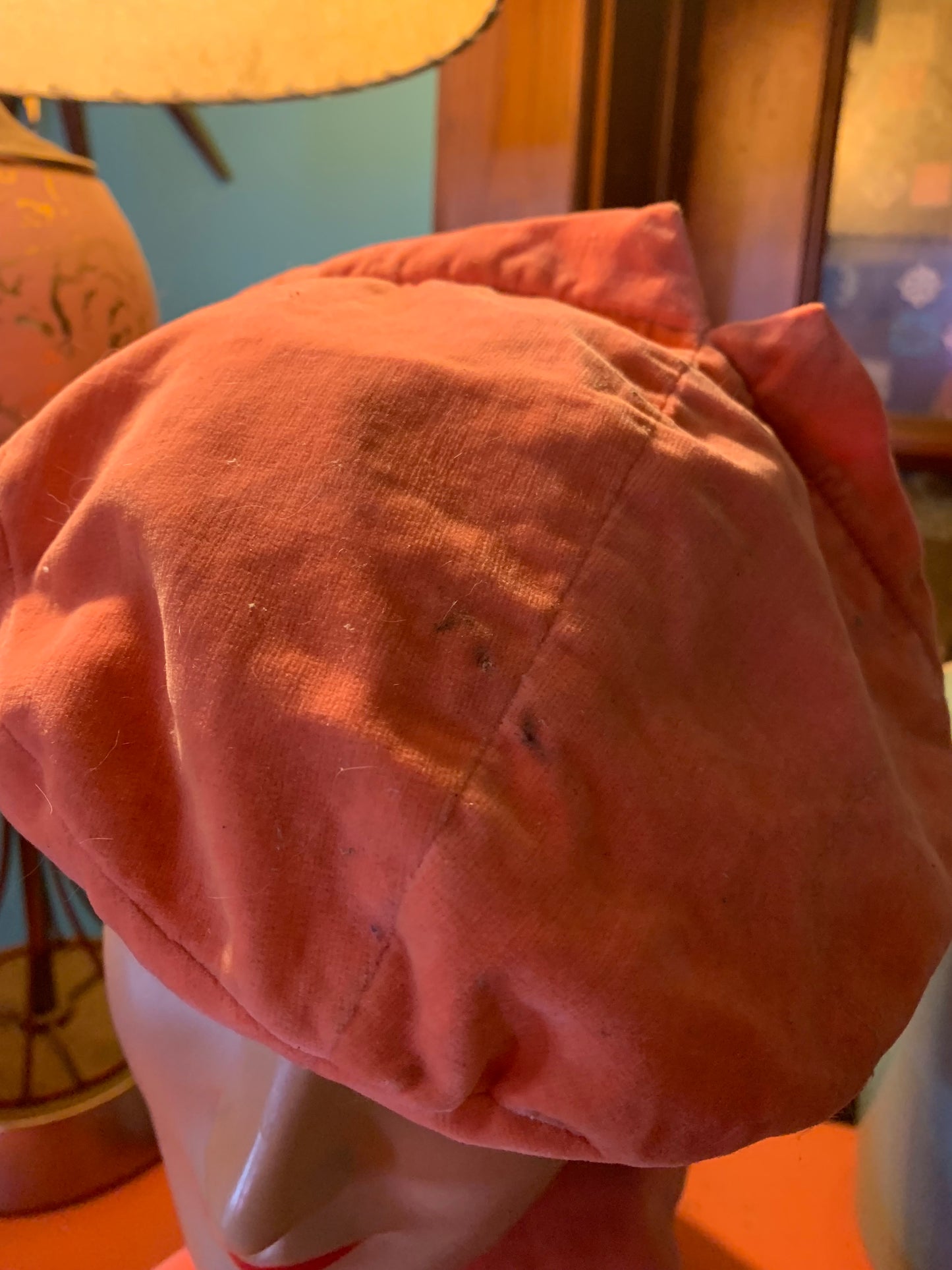 Salmon Pink Velvet Art Deco Hat with Peaks and Matching Scarf circa 1930s