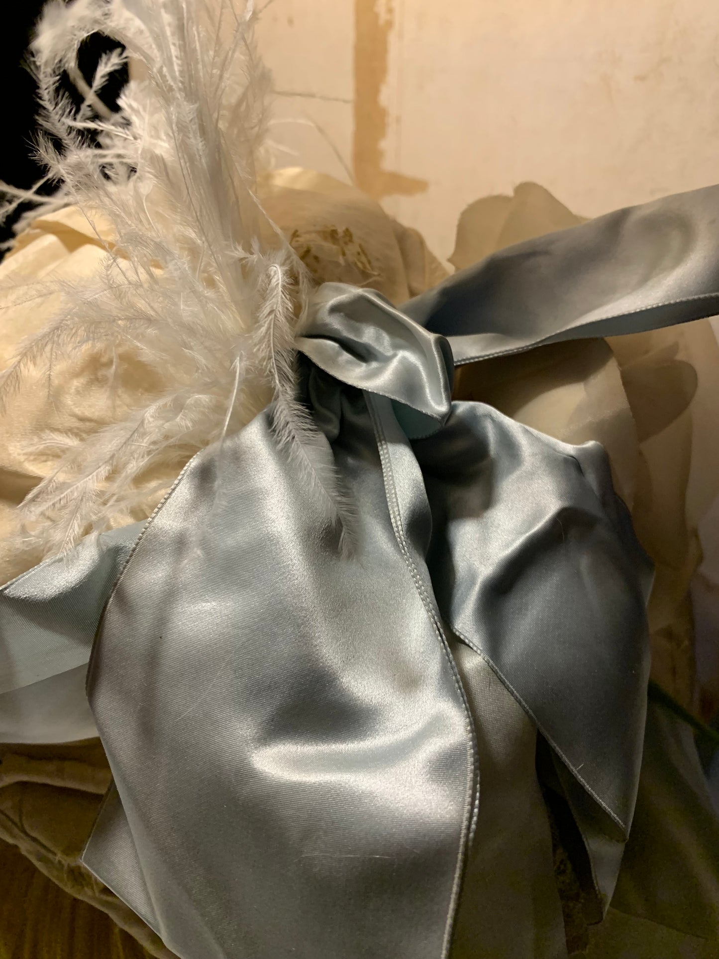 The Bride Reimagined Edwardian Silk Hat and Flowers with Antique Hanky, Pale Blue Ribbon and Feathers