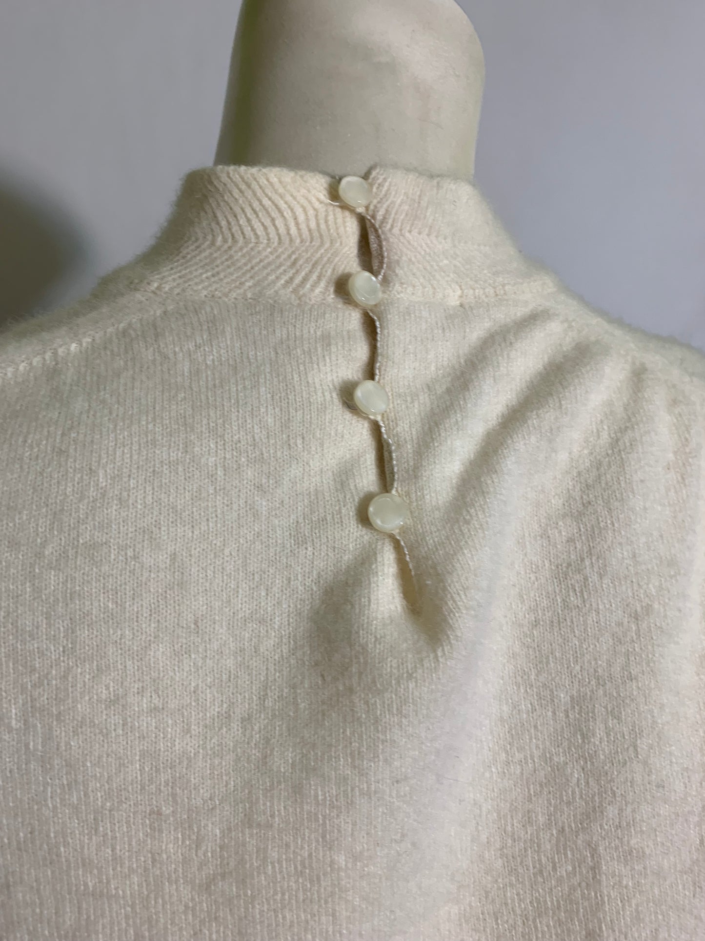 RESERVED Ivory Orlon High Collared Sweater with Button Accent circa 1960s