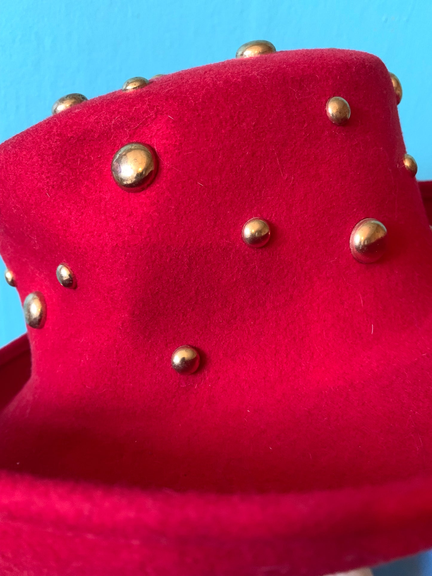 Lipstick Red Wool Hat with Golden Domed Metal Studs circa 1980s