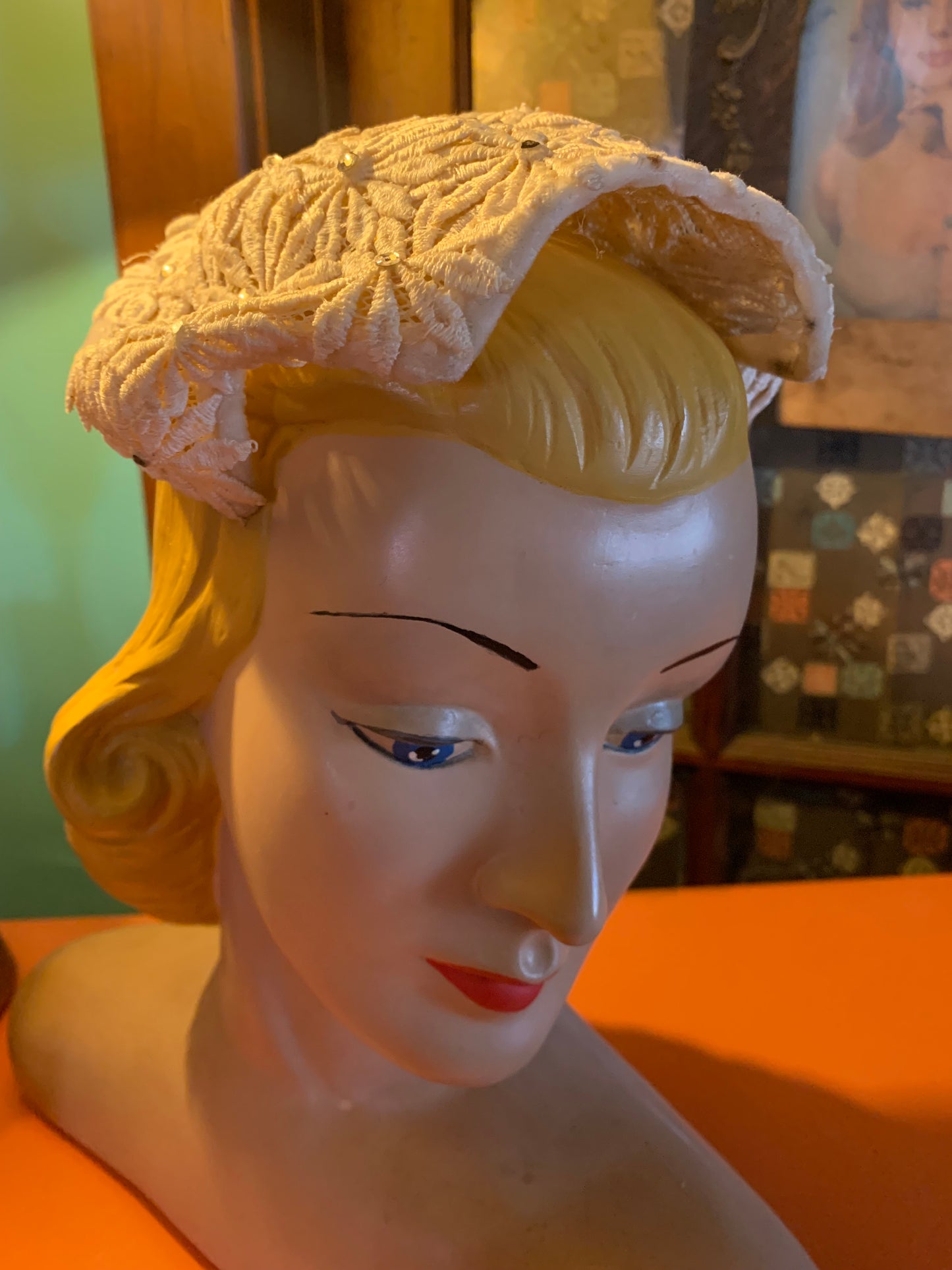 Wintry White Lace Cocktail Hat with Rhinestones circa 1950s