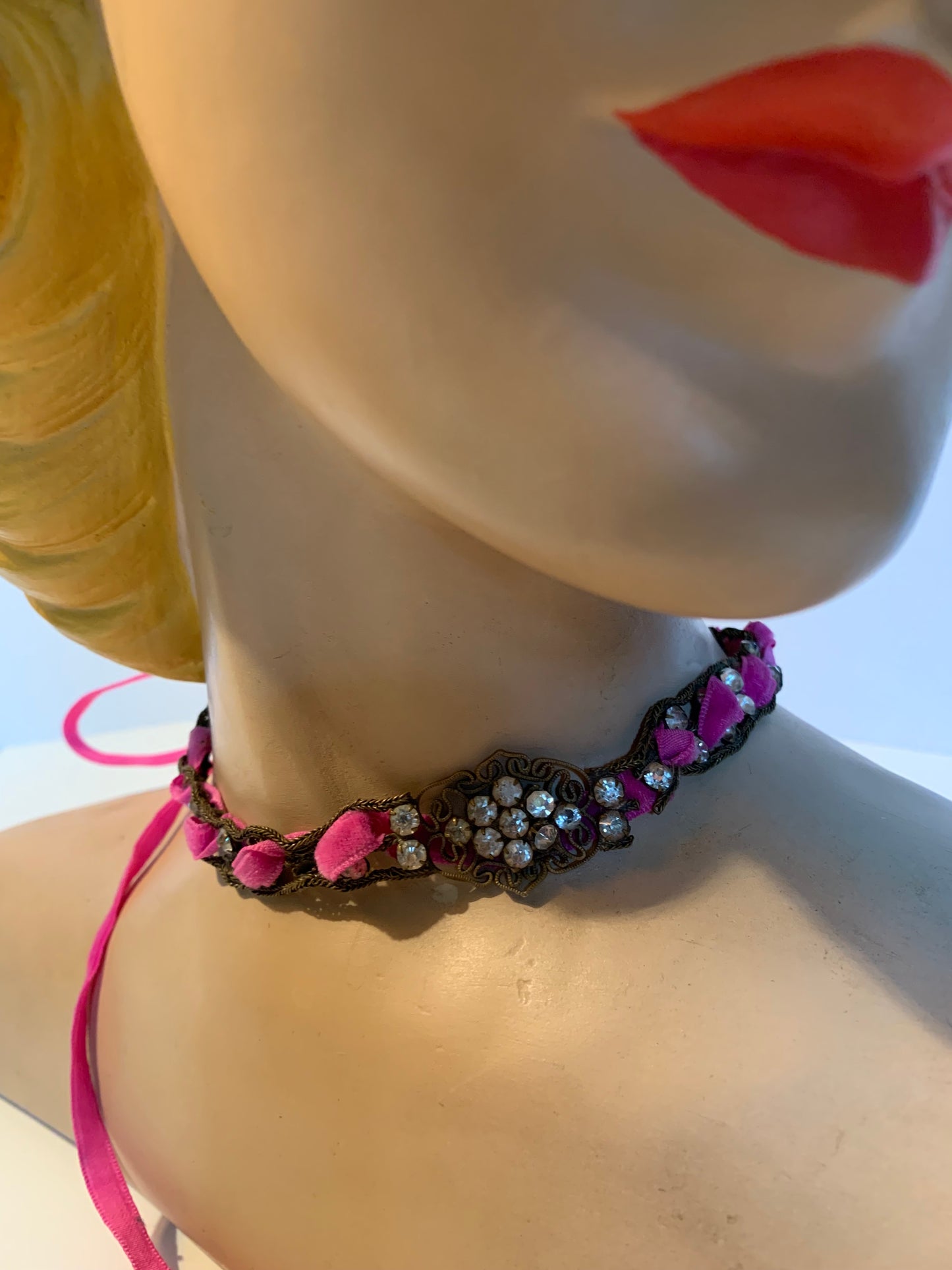 Rhinestone and Faux Pearl Metal Headpiece or Necklace Pink Ribbon