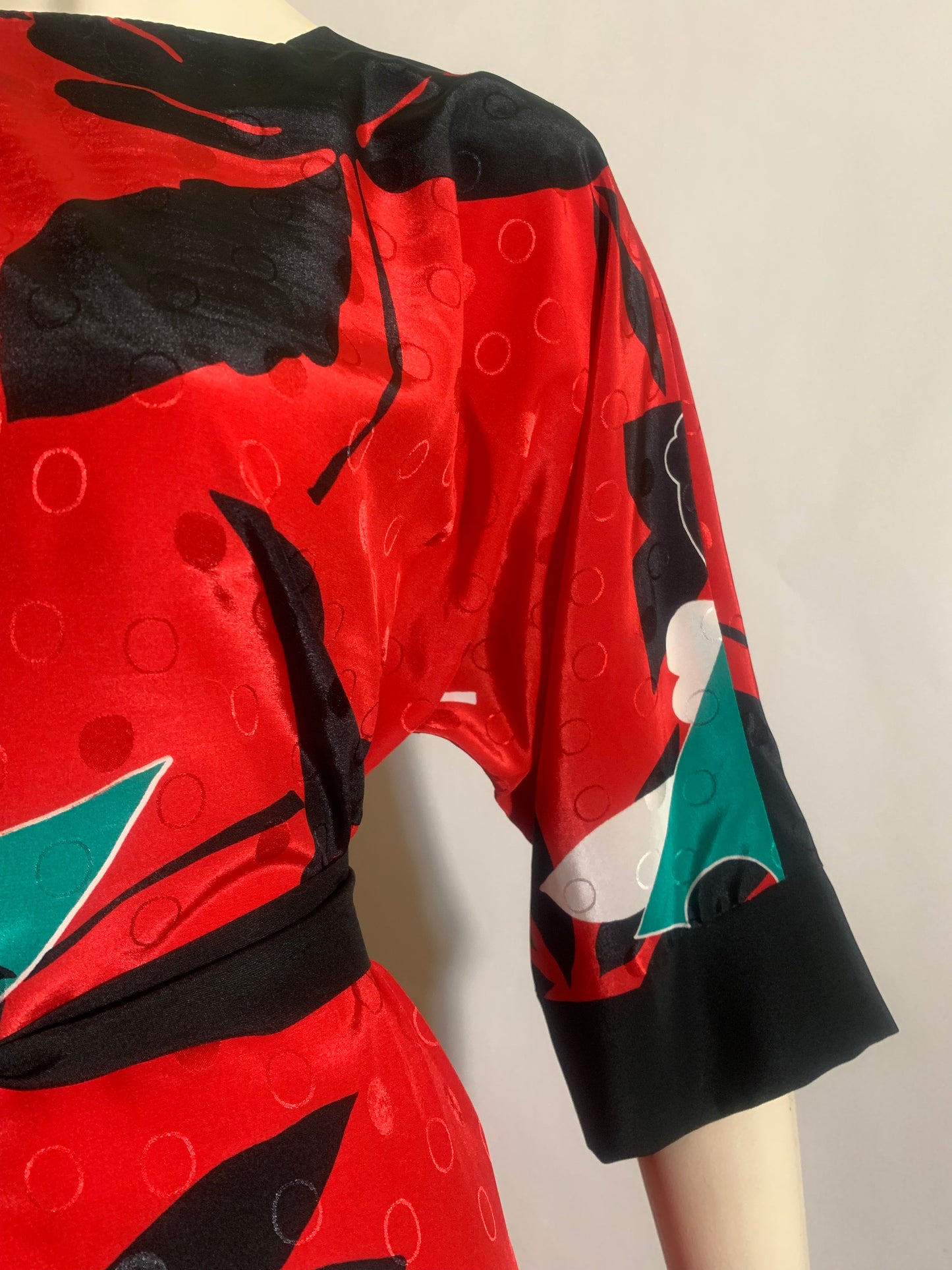 RESERVED Bold Floral Print Red Dress with Sash circa 1980s