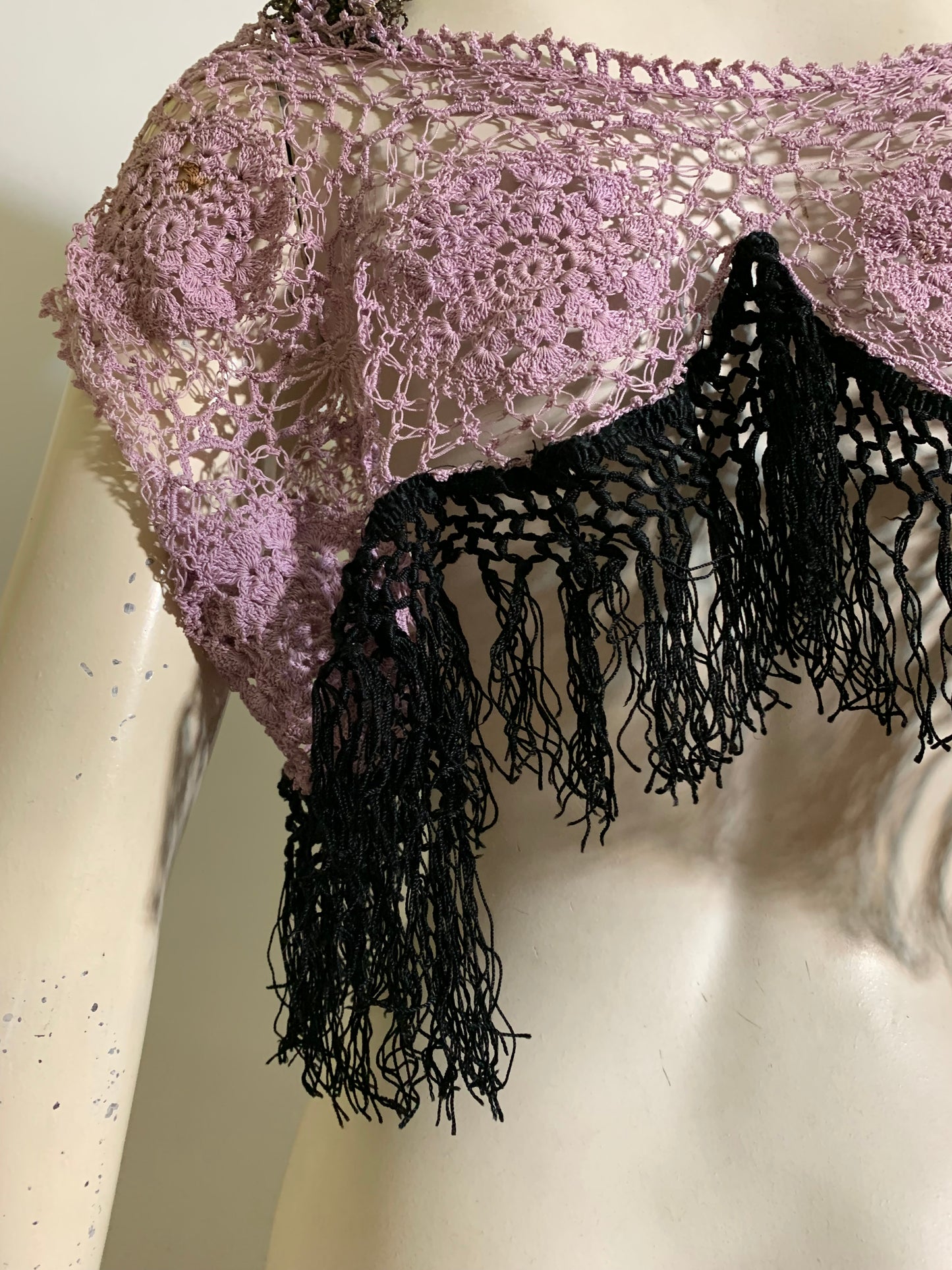 French Lavender Antique Lace Top Reimagined Black Victorian Fringed Metallic Ribbon and Feather