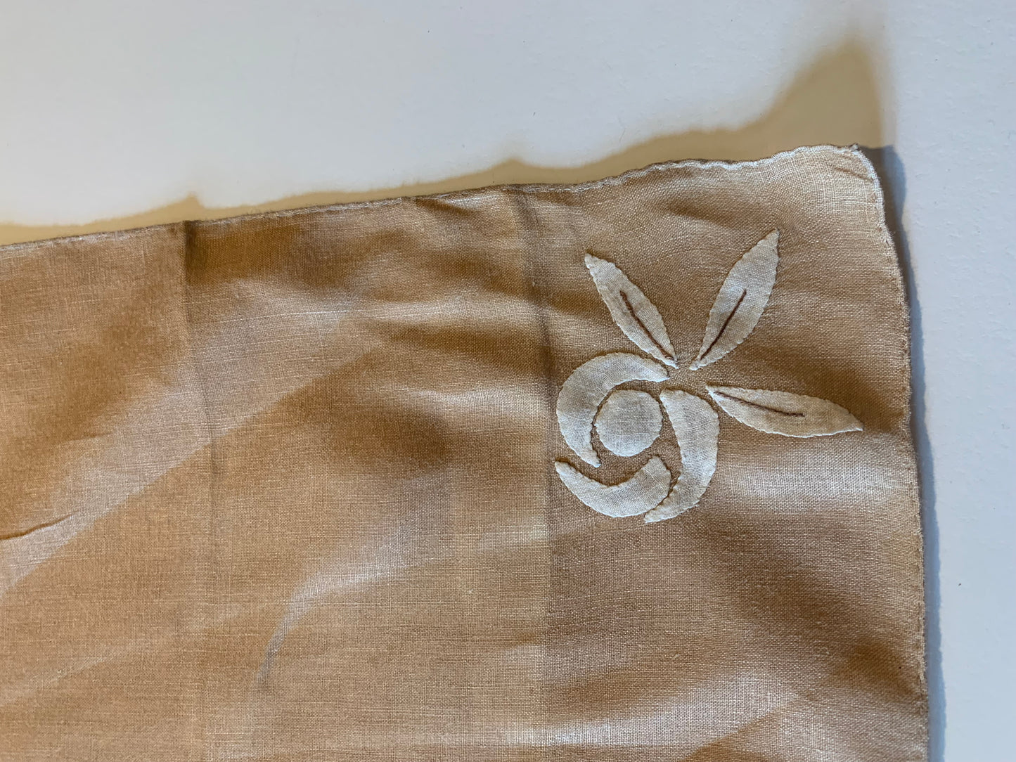 Tan Cotton Handkerchief White Flowers and Leaves circa 1930s