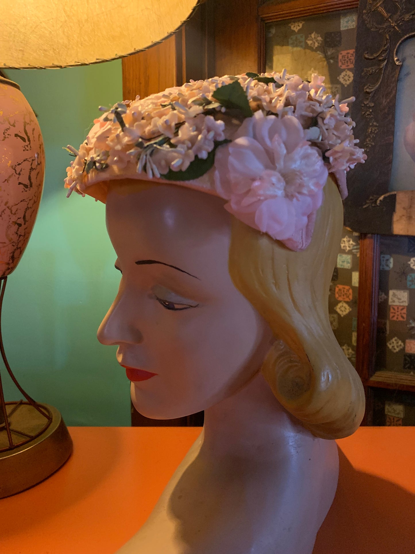 Dainty Pink Silk Flower Trimmed Sculpted Cocktail Hat circa 1950s