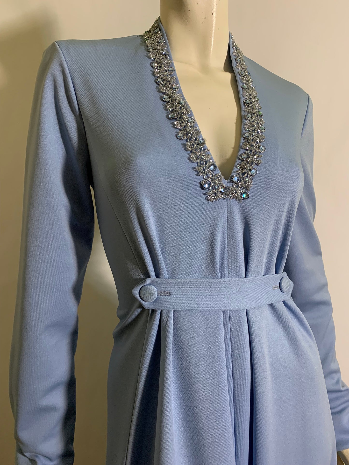 Ocean Blue Knit Poly Maxi Dress Rhinestone Neckline circa 1970s