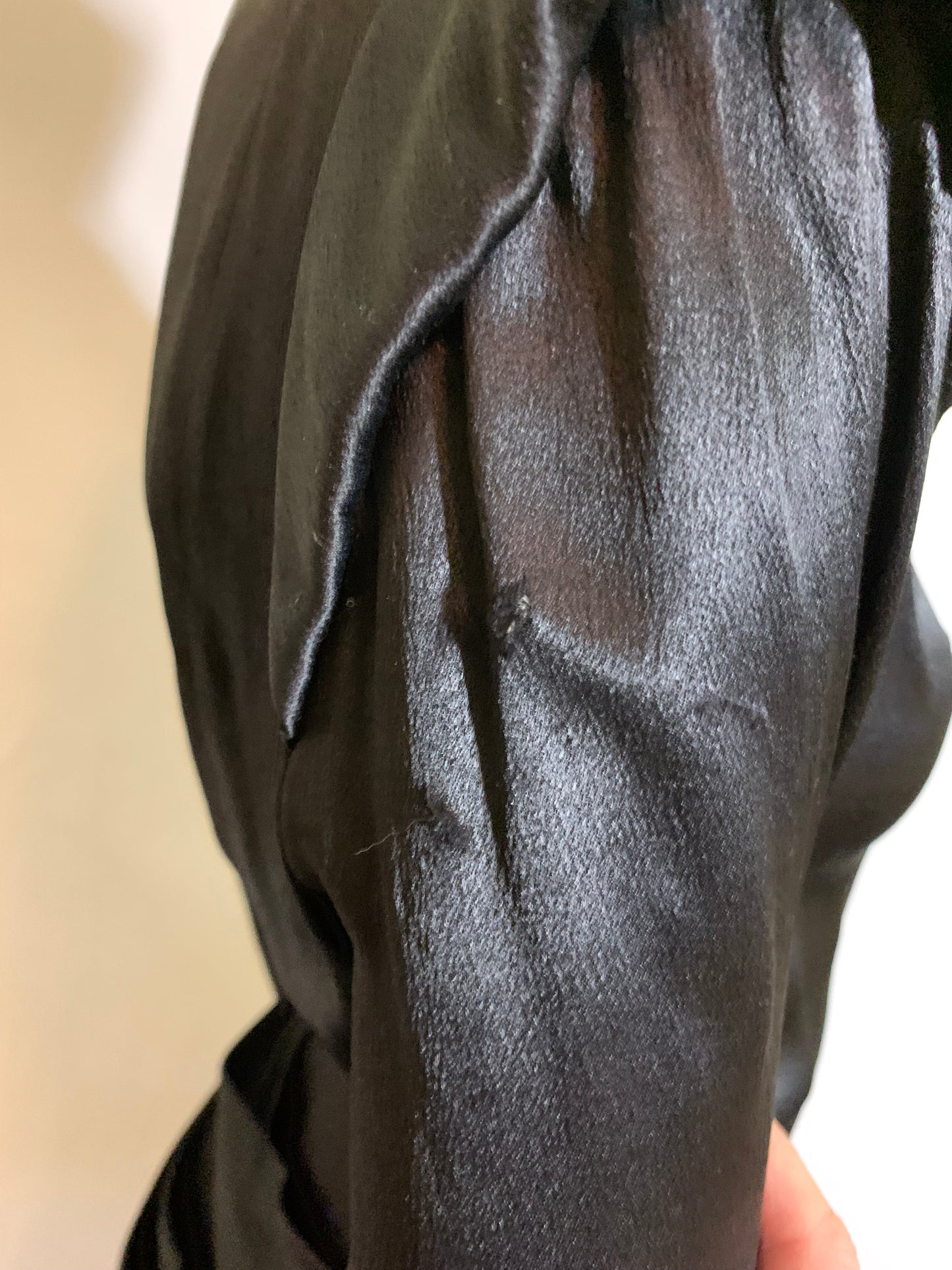 Sleek Black Silk Charmeuse 2 Pc Cocktail Suit with Bustled Drape Back circa 1940s