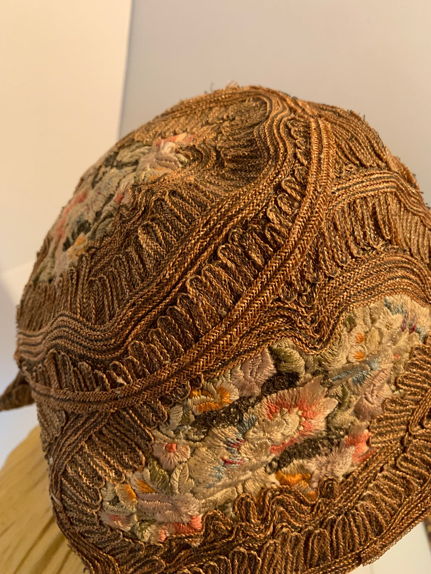 RESERVED Pastel Flower Embroidered Natural Sisal Cloche Hat circa 1920s