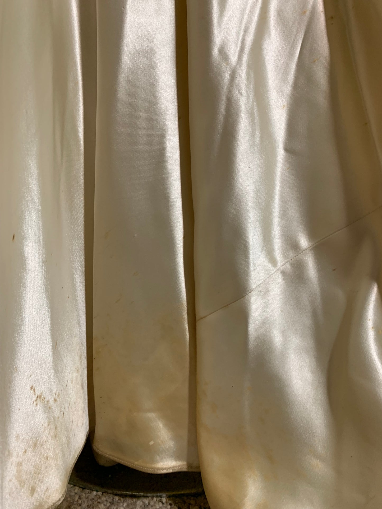 Winter White Slipped Satin Wedding Dress with Beaded Neckline and Hip Accents circa 1940s