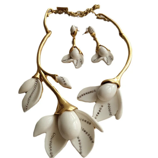 Maggie- the 1930s Inspired White Magnolia & Rhinestones Necklace or Earrings