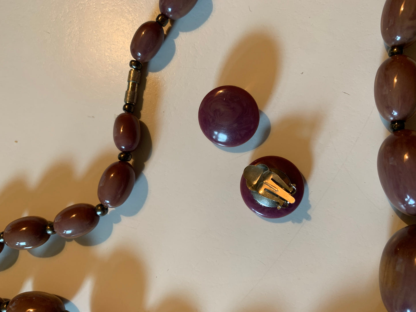 Purple Stardust Bakelite Beaded Necklace and Earrings Set circa 1940s