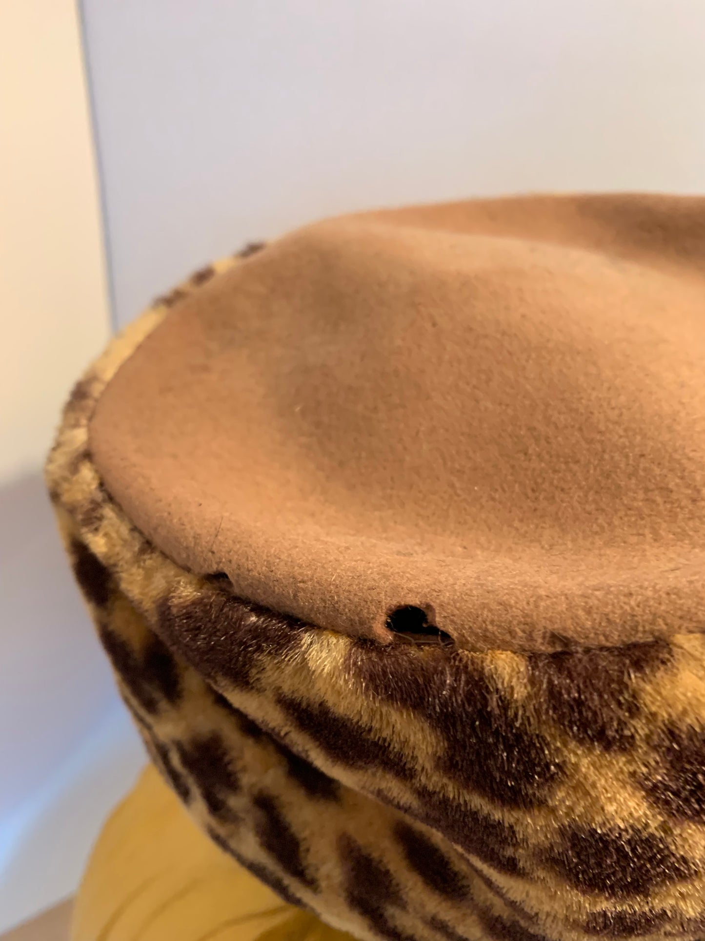 Khaki Wool Round Hat with Leopard Print Faux Fur As Is circa 1940s