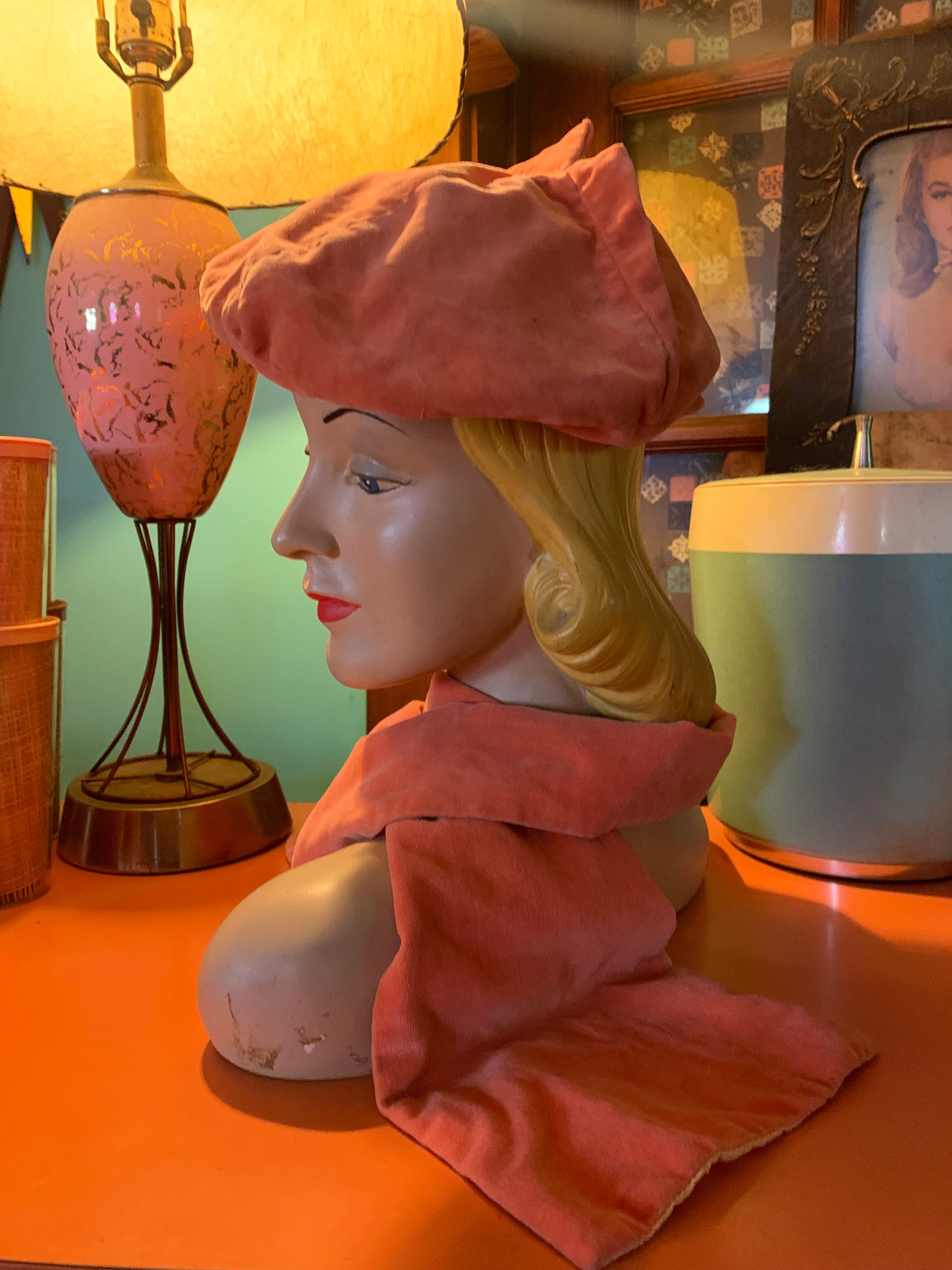 Salmon Pink Velvet Art Deco Hat with Peaks and Matching Scarf circa 1930s