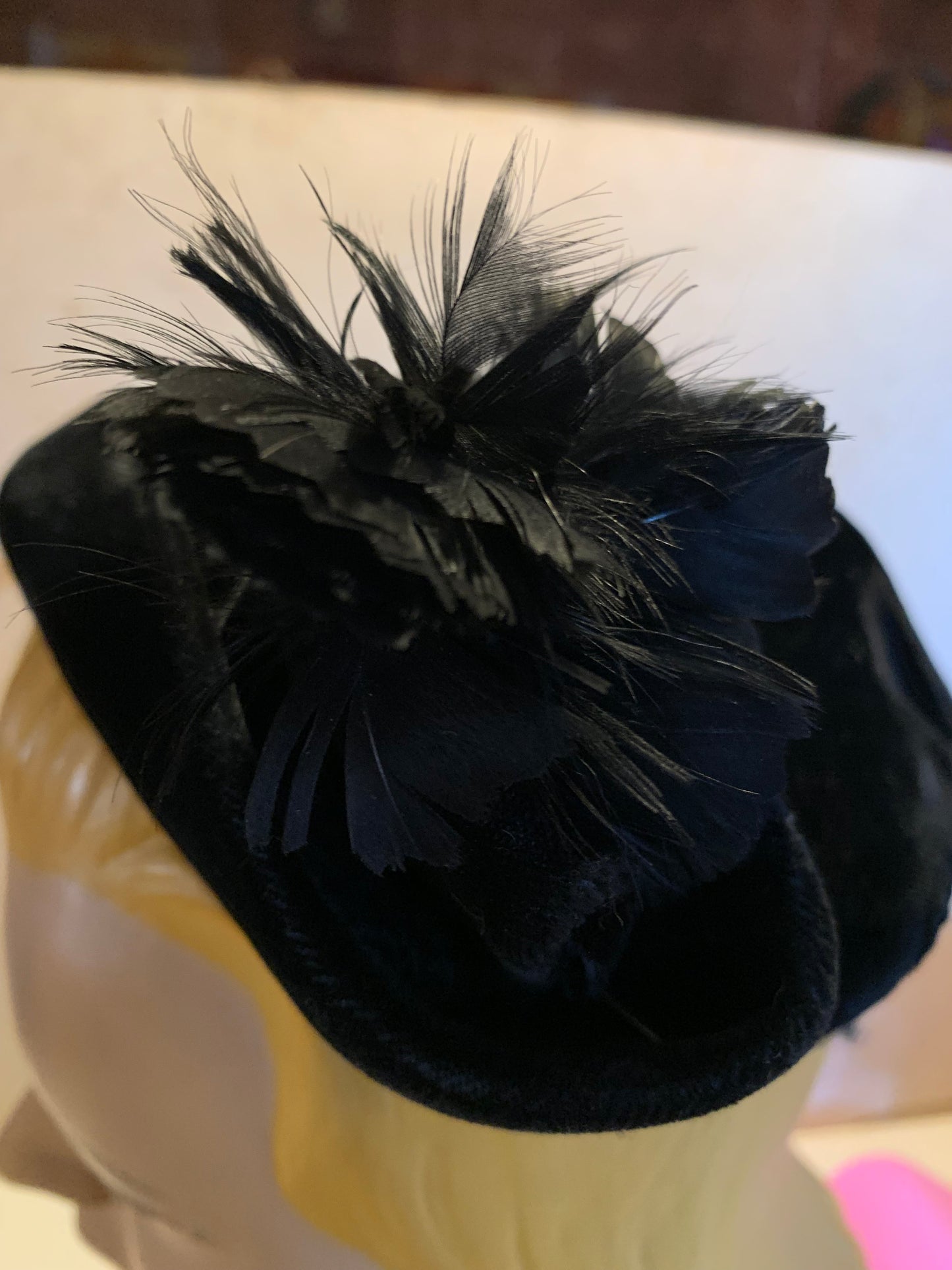 Black Velvet Cocktail Hat with Feathered Accent circa 1950s