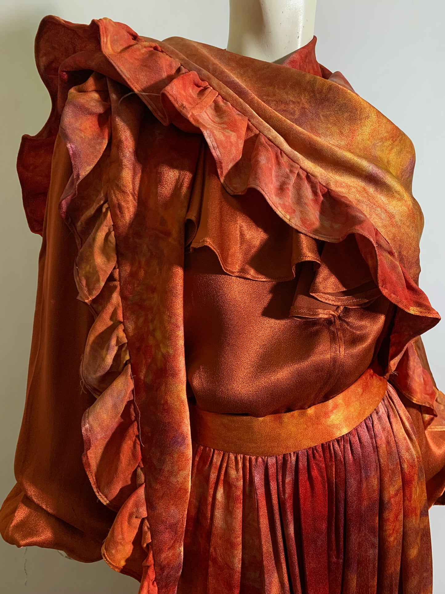 Fiery Tie Dye Peasant Style Silk Charmeuse 3 Piece Maxi Dress Set circa 1970s