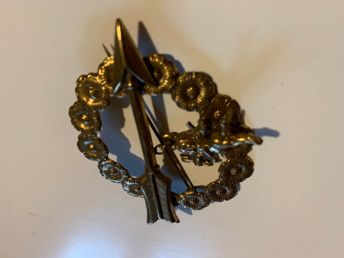 Sweetheart Flower Wreath and Arrow Brooch with Cherub Charm circa 1940s