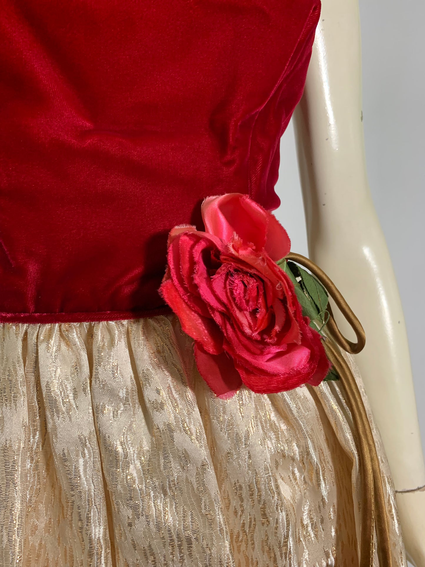 Red Velvet Bodice Dress with Metallic Gold Skirt Pink Rose Accent circa 1960s