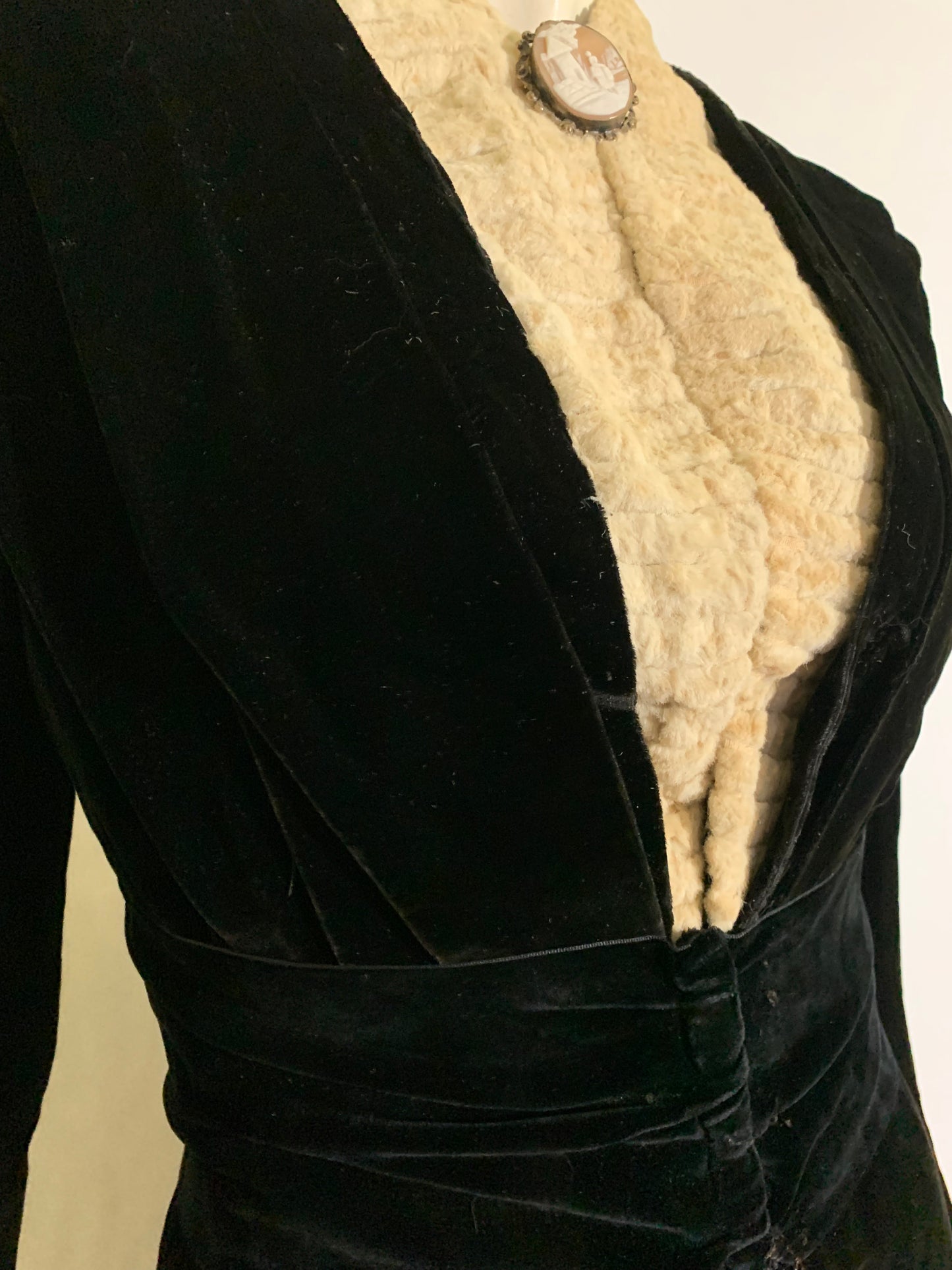 Black Velvet and Sculpted Fur Coat Slit Back circa 1890s