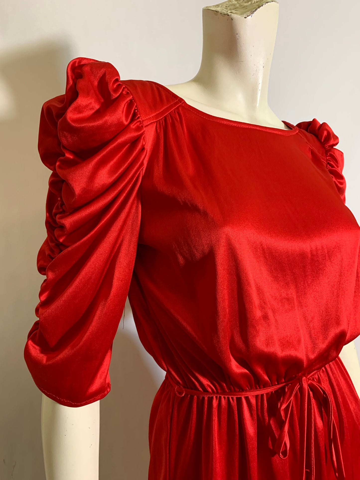 Candy Apple Red Nylon Disco Dress with Ruched Sleeves & Low Back circa 1980s