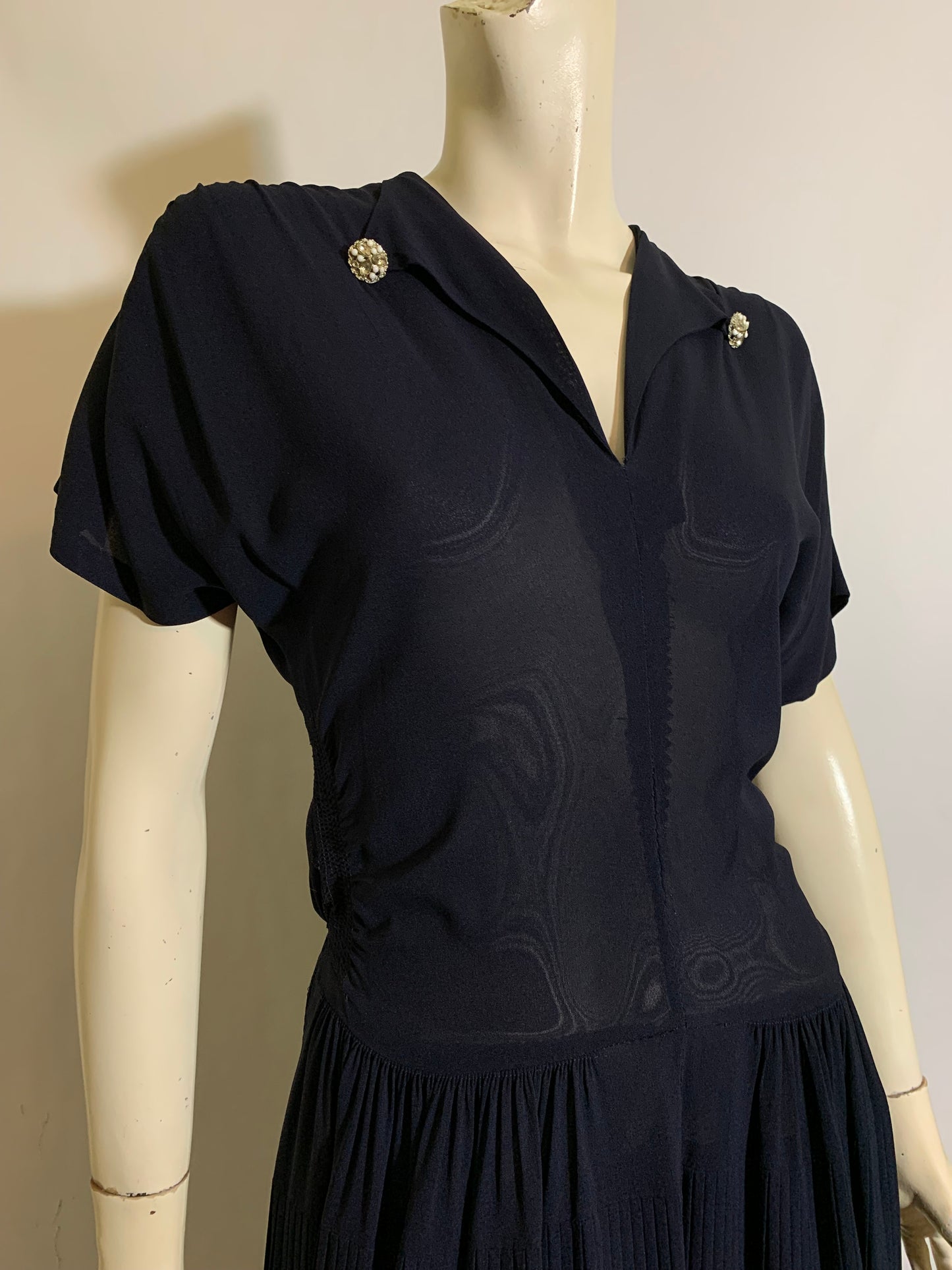 Deep Blue Semi-Sheer Crepe Rayon Dress with Pleated Tiered Skirt circa 1940s