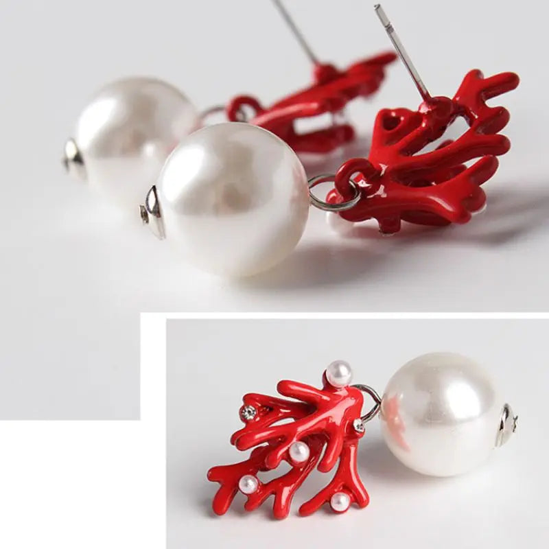 Branched- the Red Coral Look Faux Pearl Drop Earrings