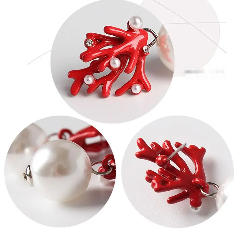 Branched- the Red Coral Look Faux Pearl Drop Earrings