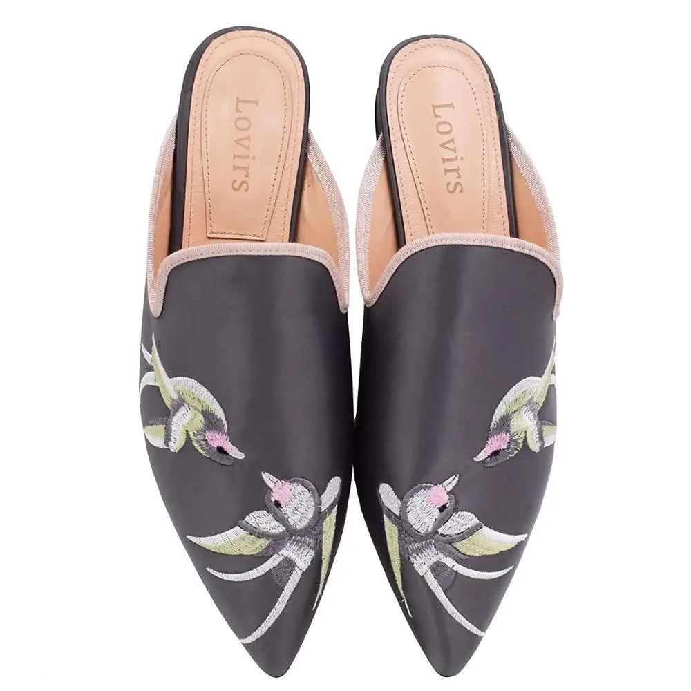 Kate - the Velvet Embroidered Pointed Toe Mule Shoes