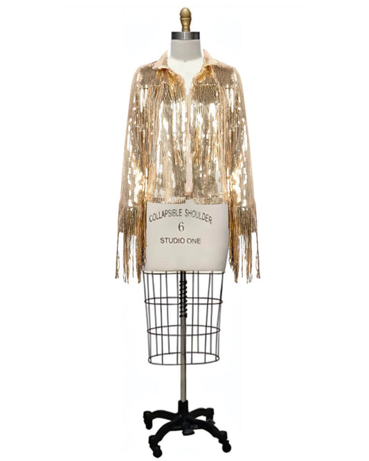 Shania- the Sequined Fringed Long Sleeved Jacket Gold or Silver