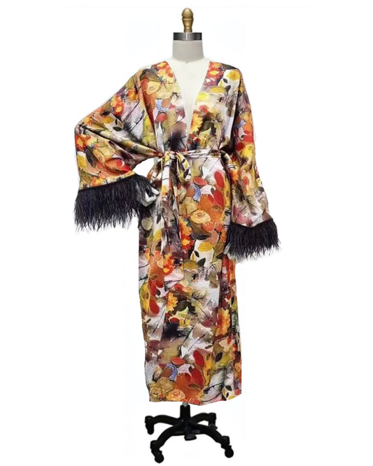 Norma- the Feather Trimmed 1920s Style Satin Robe Dress