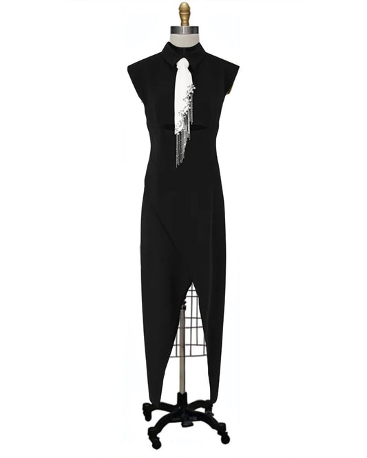 Sparks- the Beaded Necktie Black and White New Wave Dress